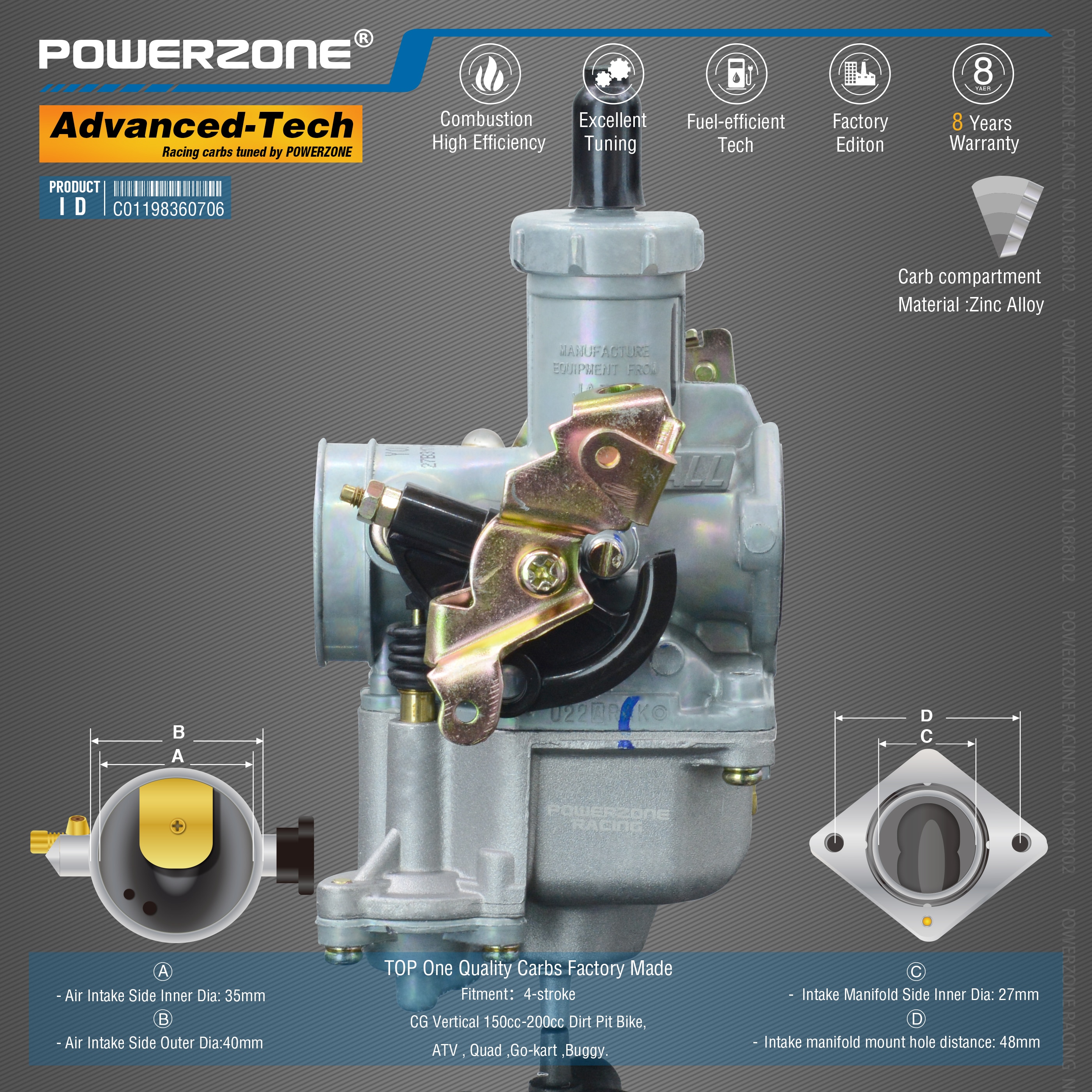 Powerzone Carburetor PZ27B 27mm CVK Accelerator Pump Carb For CG Vertical 150cc-200cc Dirt Pit Bike,ATV,Quad ,Go-kart ,Buggy