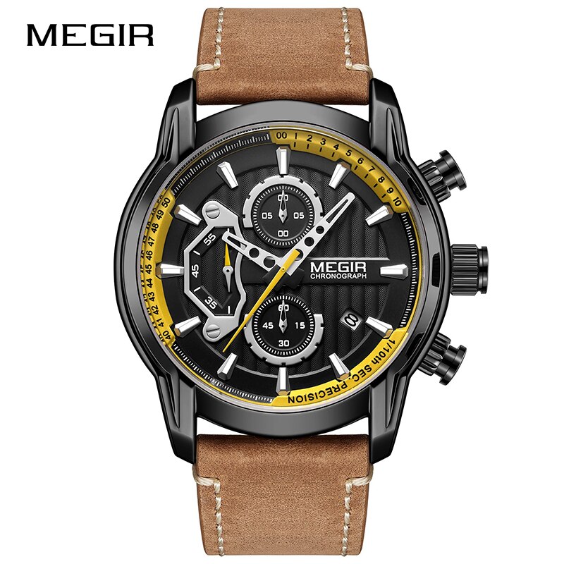 Megir sporthorloges voor heren, waterdicht, lichtgevend, herenhorloge, leren chronograaf, quartz, legerhorloge, herenhorloge: Zwart