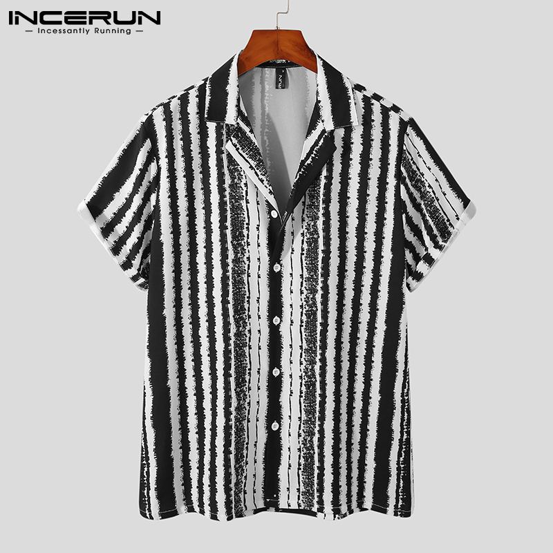 Men Shirt Summer Striped Print Lapel Short Sleeve Breathable Hawaiian Shirts Streetwear Button Casual Camisas INCERUN S-3XL