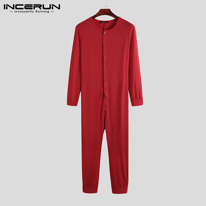 Leisure Heren Zomer Pyjama Jumpsuit Solid Nachtkleding Lange Mouwen Knop Nachtkleding O Neck Fitness Homewear Rompertjes Incerun S-5XL