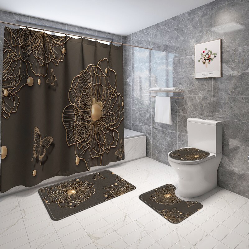 Moderne Stijl Badmat En Douchegordijn Set Water Absorberende Badmat Thuis Decoratie Douche Vloermat Wc Tapijt: 4pcs-853