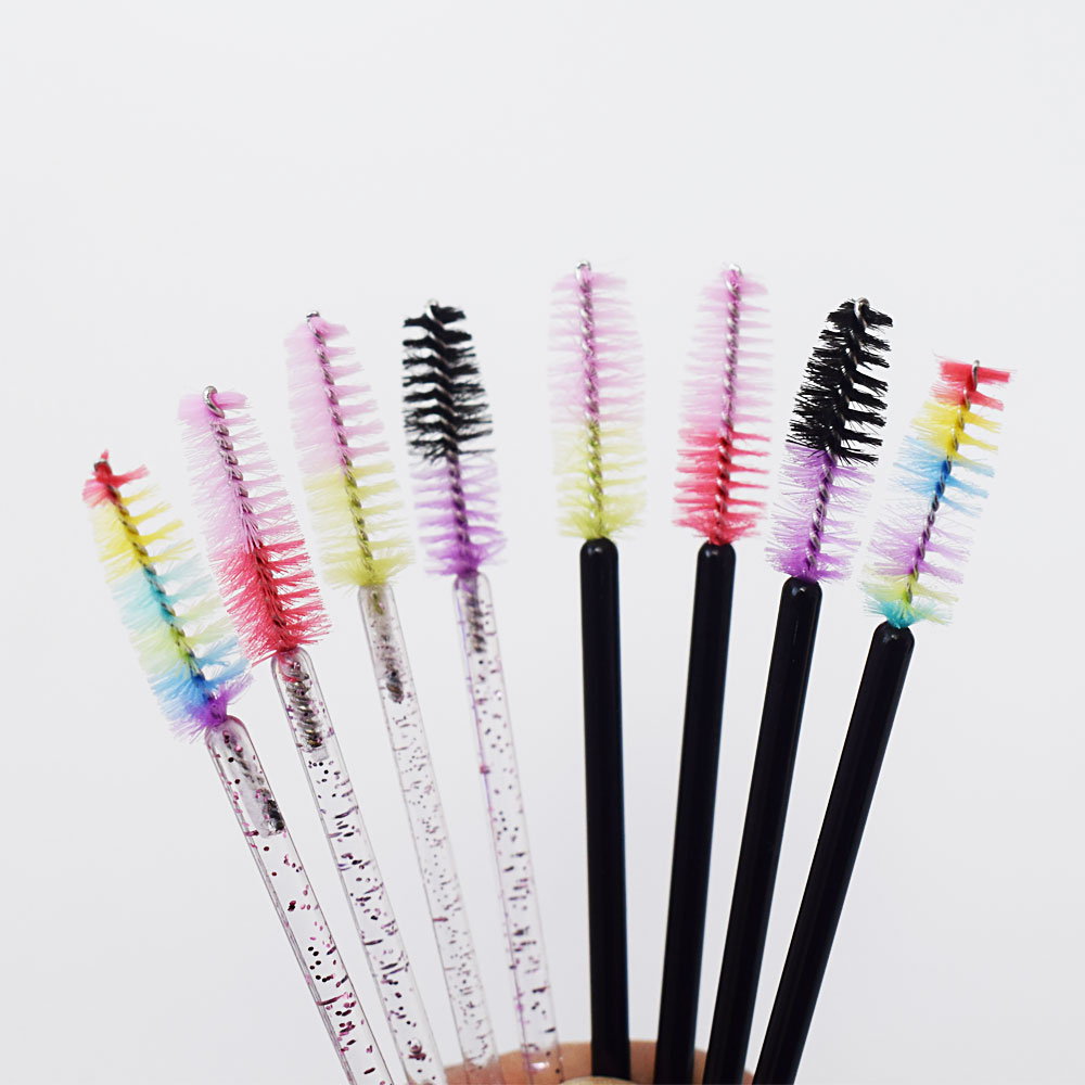 50 Uds. Cepillos desechables de colores mezclados, varitas de rímel para pestañas de cristal, peine para pestañas con purpurina, carretes, microaplicadores de maquillaje