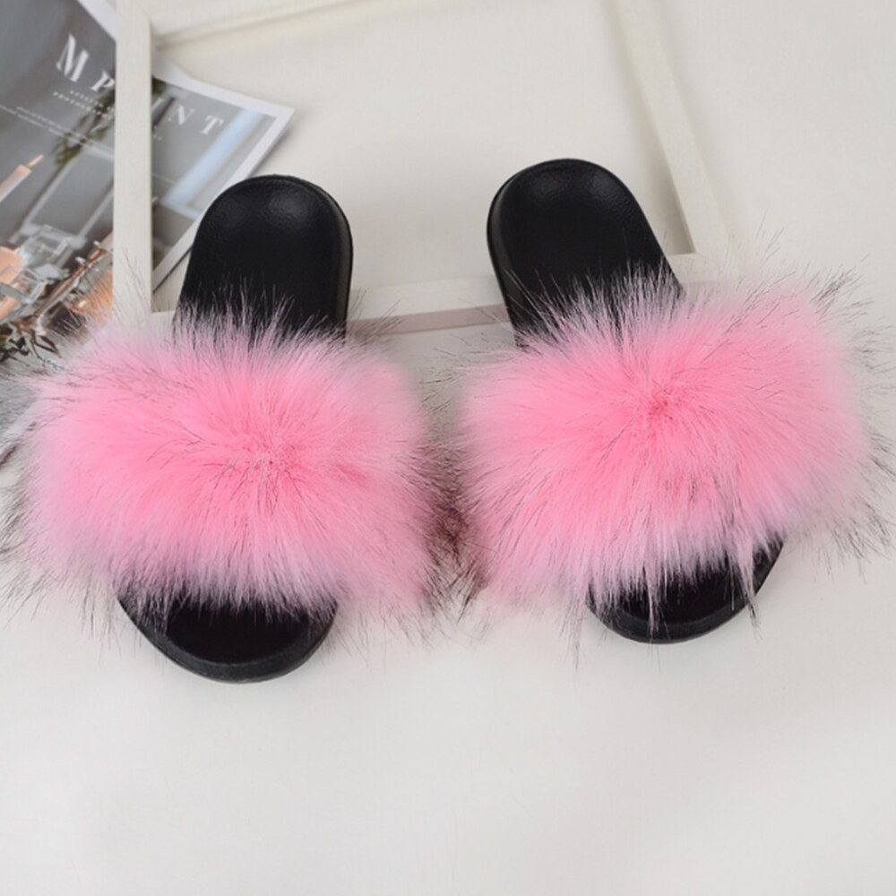 Imitatie Vossenbont Slippers Faux Furry Fluffy Slippers Vrouwen Slides Sandalen Indoor Schoenen Voor Vrouwelijke Slip Op Slippers d30