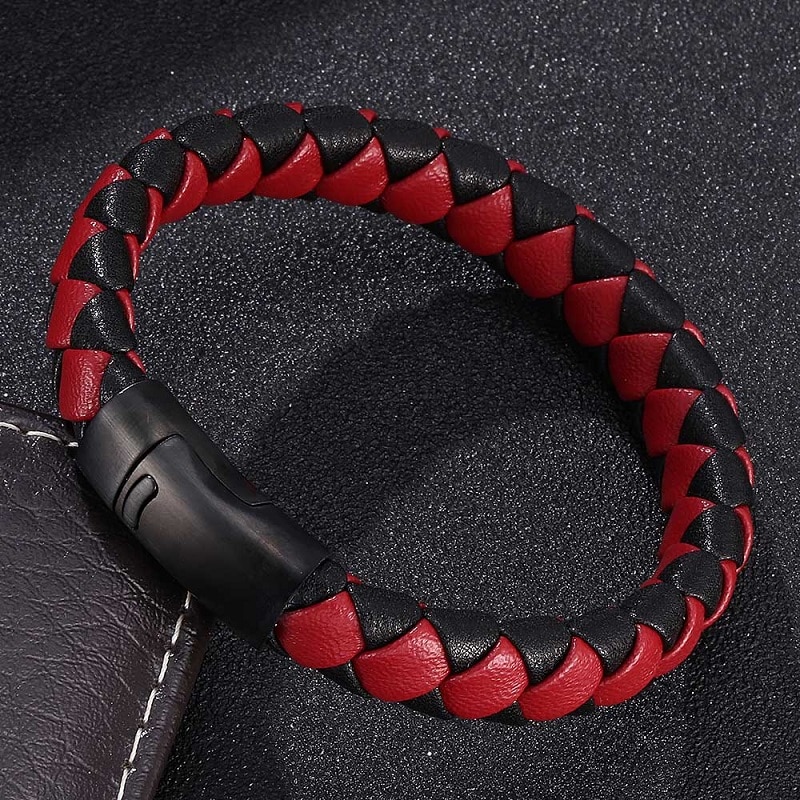 Trendy rød&sort flettet læderarmbånd herre smykker sort rustfrit stål magnetisk lås mandlige armbånd armbånd  st0028