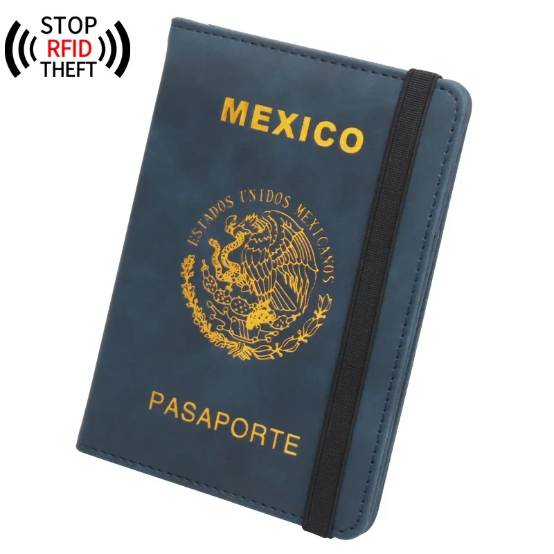 Rfid-blokkerende paspoorthoes voor mexico, gemaakt van pu-leer, verenigde staten, mexicaans, reisdocumenten, beschermingskaarthouder voor mannen en vrouwen: Blauw