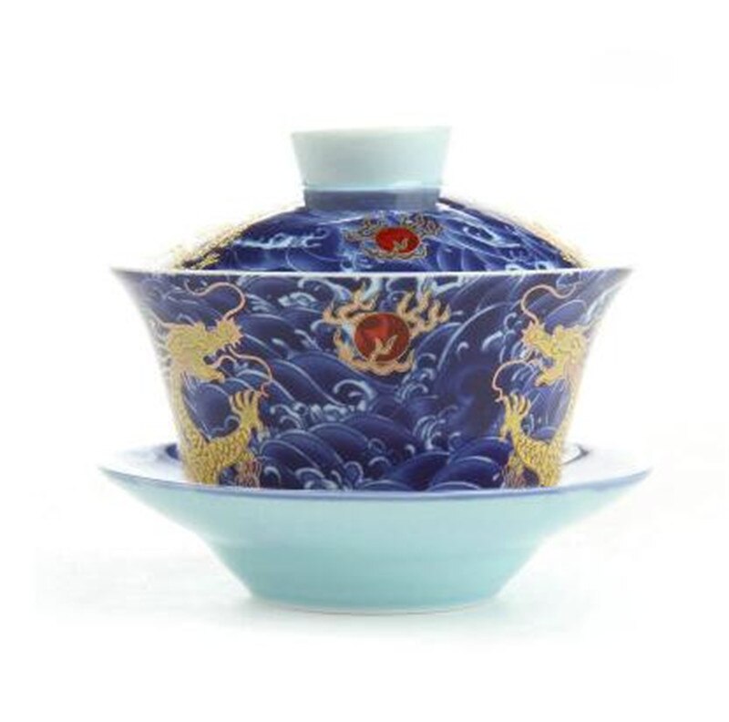 Retro Dragon Tea Maker Chinese Gaiwan Tea Cup 200ml Tureen Jingdezhen White and Blue Porcelain Teaware Cups and Saucer Sets: Blue Wave