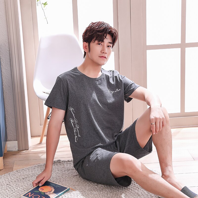 Leisure Summer Men Cotton Pajamas Short Sleeve Male Pajama Set Men Sleepwear Suit Casual Bottom Homewear Clothing Nightwear
