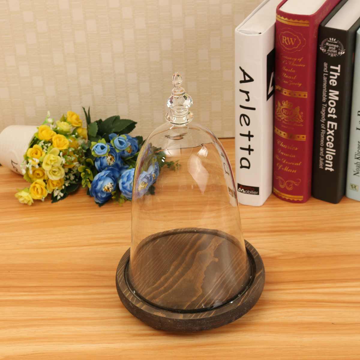 Home Decor Vases Glass Flower Display Cloche Bell Jar Dome Immortal Preservation With Wooden Base Everlasting Flower Glass Cover