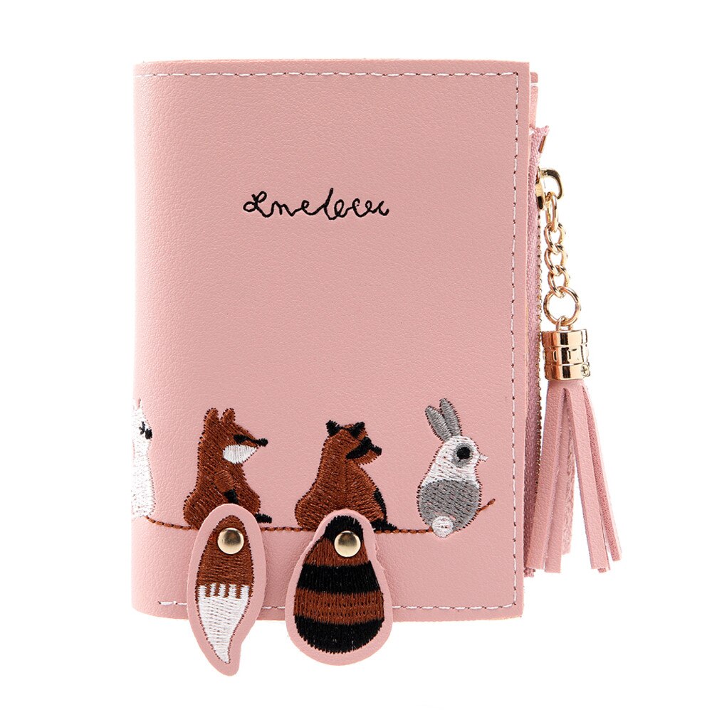 Damen-geldbörse mit fuchs- und katzenmotiv, kurze geldbörse mit quaste, münzfach, kartenhalter, handtasche, rosa, grün, schwarz, grau, damen-geldbörsen und -portemonnaies, carteira  #t20: Rosa 