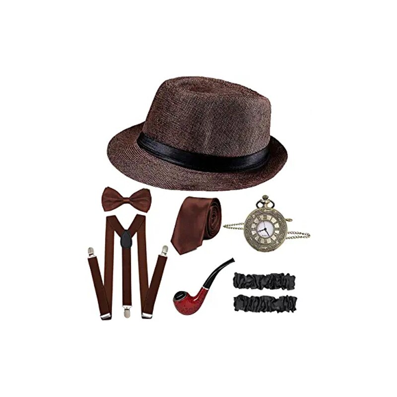 Cosplay kostyme 1920s herre gatsby gangster kostyme 8 stk tilbehørssett for mann: Brun