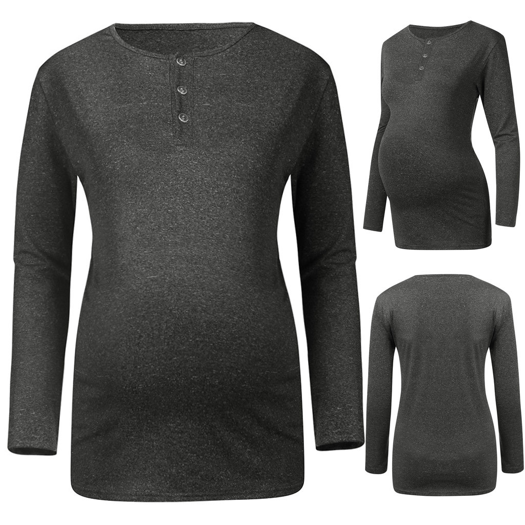 pregnancy announcement Women Pregnant Maternity O-Neck Long Sleeve Button Solid Blouse Tops camisas para embarazadas #y2