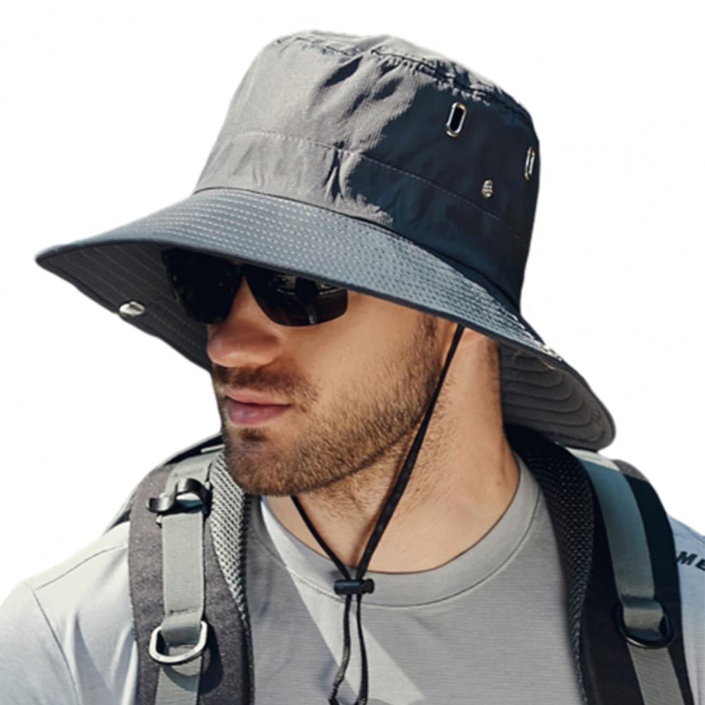 Summer Men Sun Hat Anti UV Sun Windproof Strap Wide Brim Bucket Hat Foldable Portable Travel Cap Fisherman Hat: Red