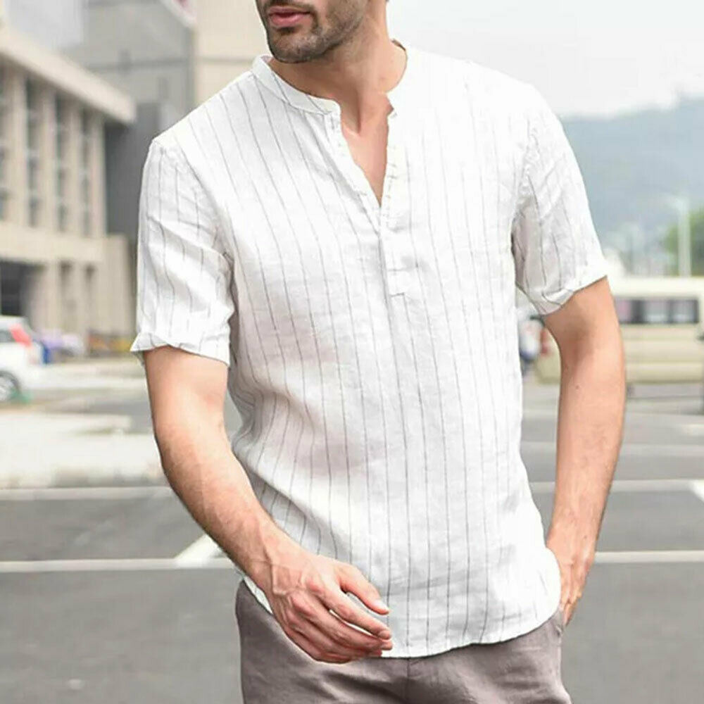 Summer Men's Shirts Linen V Neck Short Sleeve Striped Basic Pullover Gray Slim Tee Stand Collar Casual Tops M-2XL