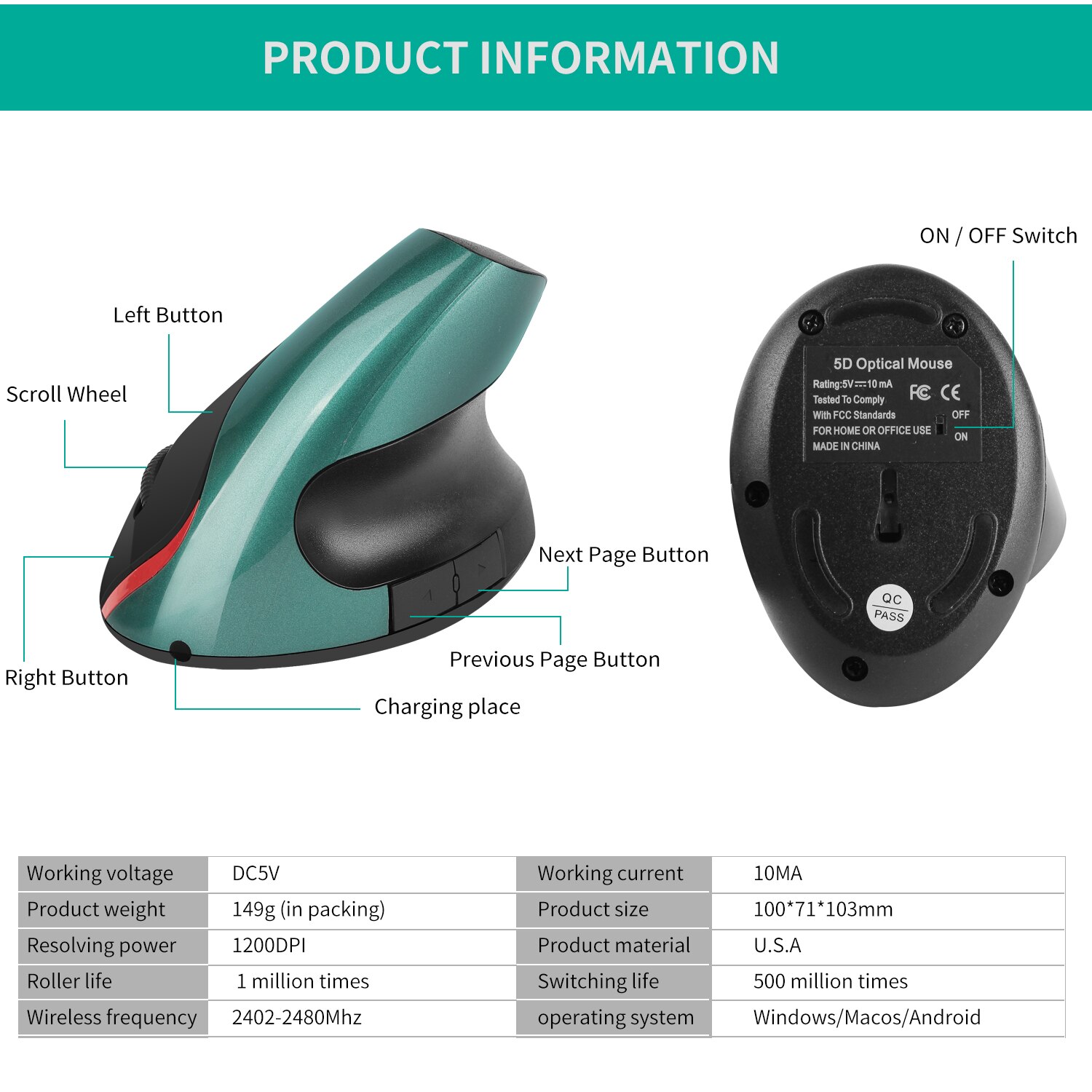 2.4G Wireless Mouse Ergonomic Vertical 5 Buttons Gaming Mouse RGB 1200 DPI Optical Mice With For PC Laptop