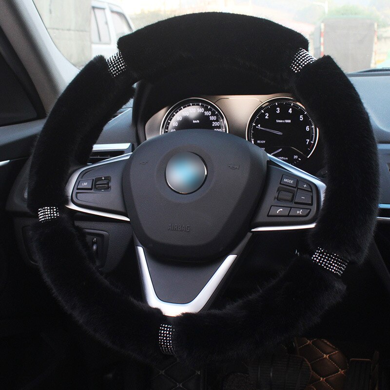 Funda de volante de felpa de invierno, cristales de diamante, cubiertas de pelo rosa para coche, accesorios de lujo para interiores: Black