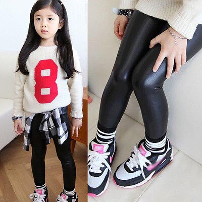 Baby piger børn sort imiteret læder elastisk skinny bukser leggings bukser 1-8y