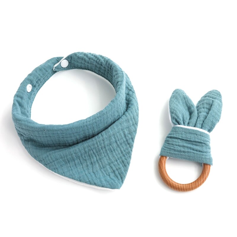 2 Stks/set Baby Jongen Meisje Speeksel Tissue Molars Ring Houten Bijtring Set Katoenen Mousseline Slabbetjes Effen Kleur Burp Doek Driehoekige sjaal: Denim Blue