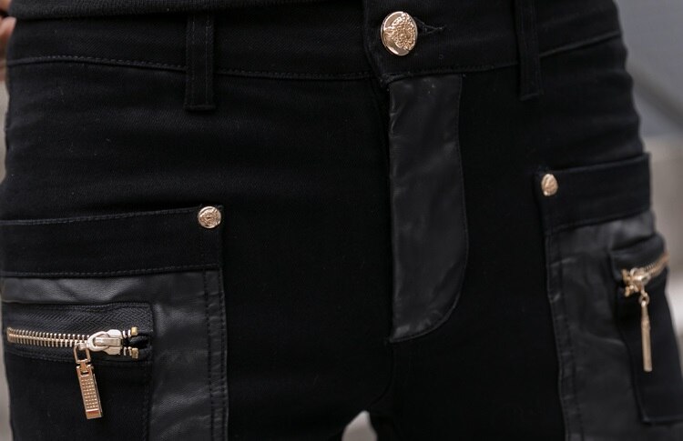 Men's Pant Faux Leather Jeans Spliced Denim Trousers Male Stretch Slim Fit Punk Stage Singer Motorcycle Casual Pants Men