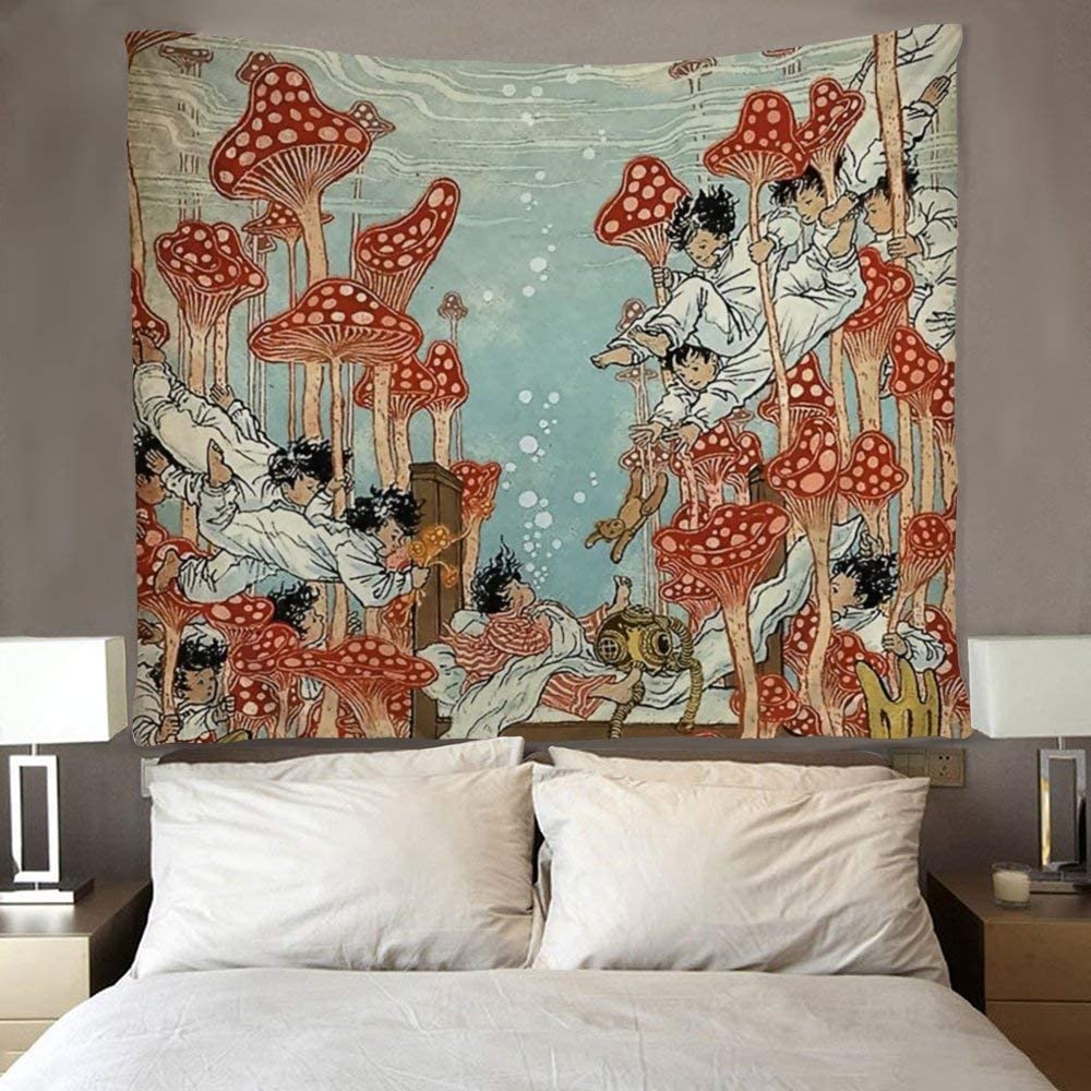 Hippie Art Cute Children and Red Mushroom in Water Tapestry Wall Hanging