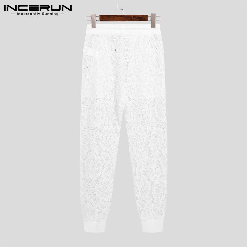 Mannen Slapen Broek Kant Rits Patchwork Homewear Trekkoord Transparante Sexy 2022 Mannen Broek Zakken Slaap Bodems S-5XL Incerun