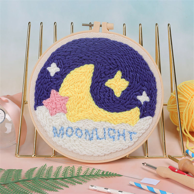 Scenery Moon Punch Needle Embroidery Starter Kits DIY Craft Set Rug Hooking Punch Needle Tool With Threader Fabric Wool Yarn: black