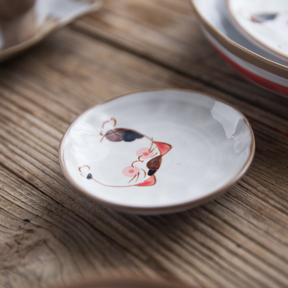 Japanese Handmade Series Ceramic Plate Tableware Cat Pattern Plate Fish Plate Cute Family Dinner Plate Support Plates