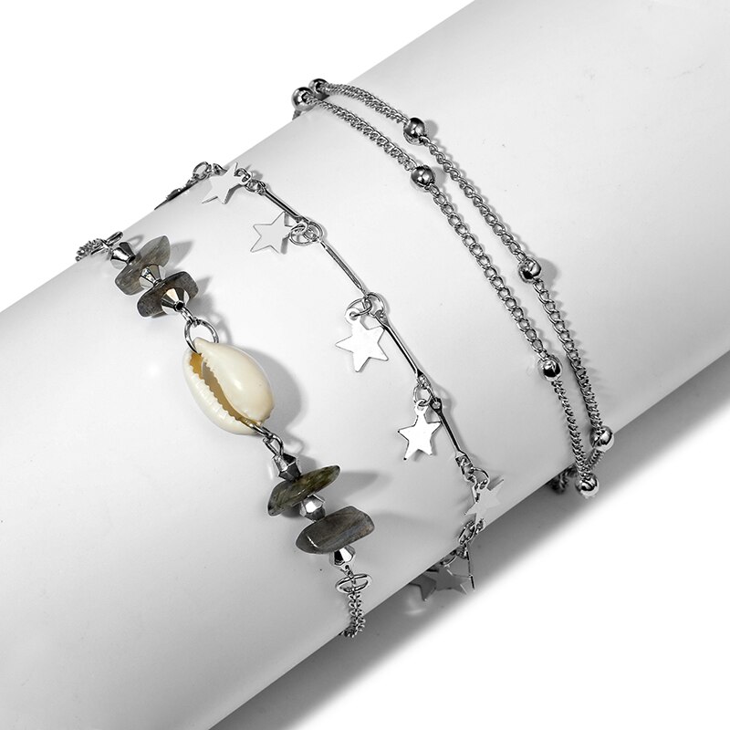 Tocona Strand Zilveren Kleur Ster Shell Gelaagde Armband Set voor Vrouwen Metalen Kettingen Charms Armband Enkelbanden Party Sieraden 6968