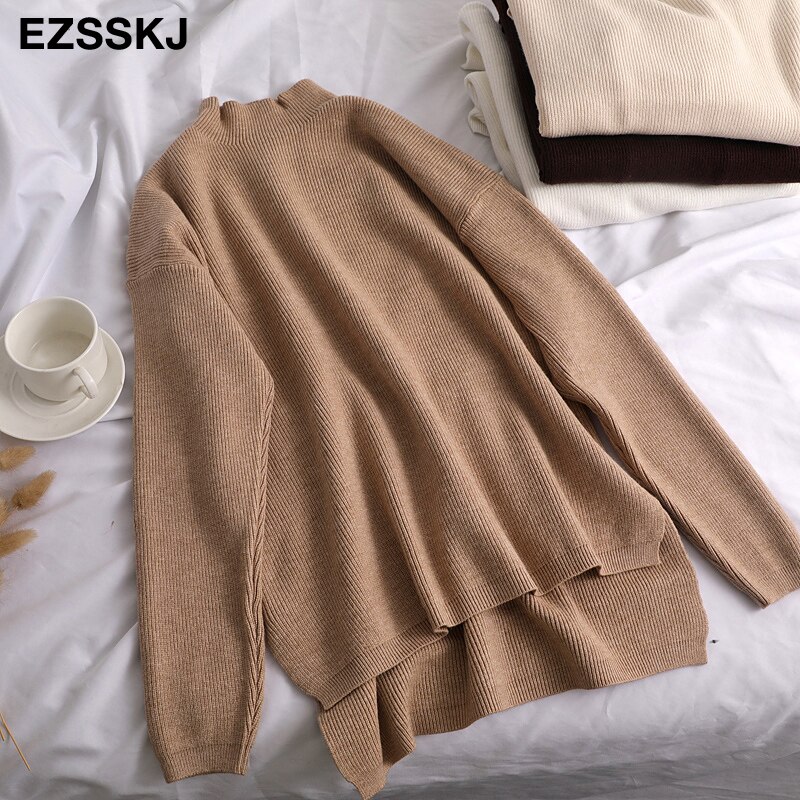 Pull ample femmes pull décontracté col roulé à manches longues chic surdimensionné tricot pull femme pulls fendu côté haut: Kaki