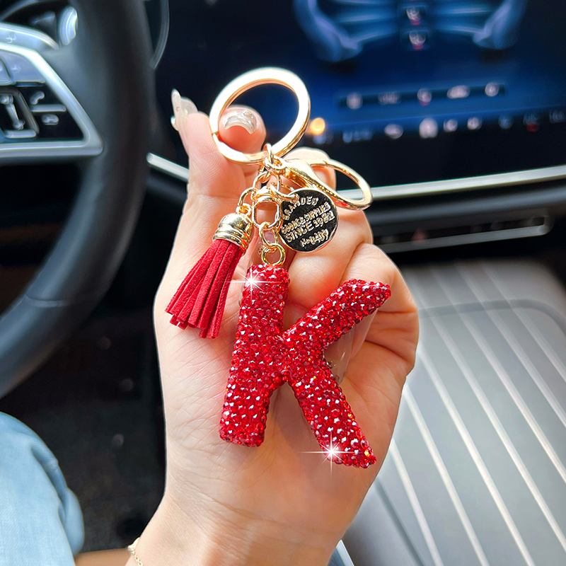 Rode sleutelhanger met engelse letters, elegant met diamanten tasje, hanger, modieuze sleutelhanger met kwastje.: Oranje
