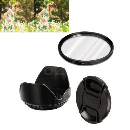 3in 1 set 55mm filtre UV caméra + pare-soleil + capuchons d'objectif pour Nikon D3400 D5600 avec AF-P DX NIKKOR 18-55mm f/3.5-5.6G objectifs VR