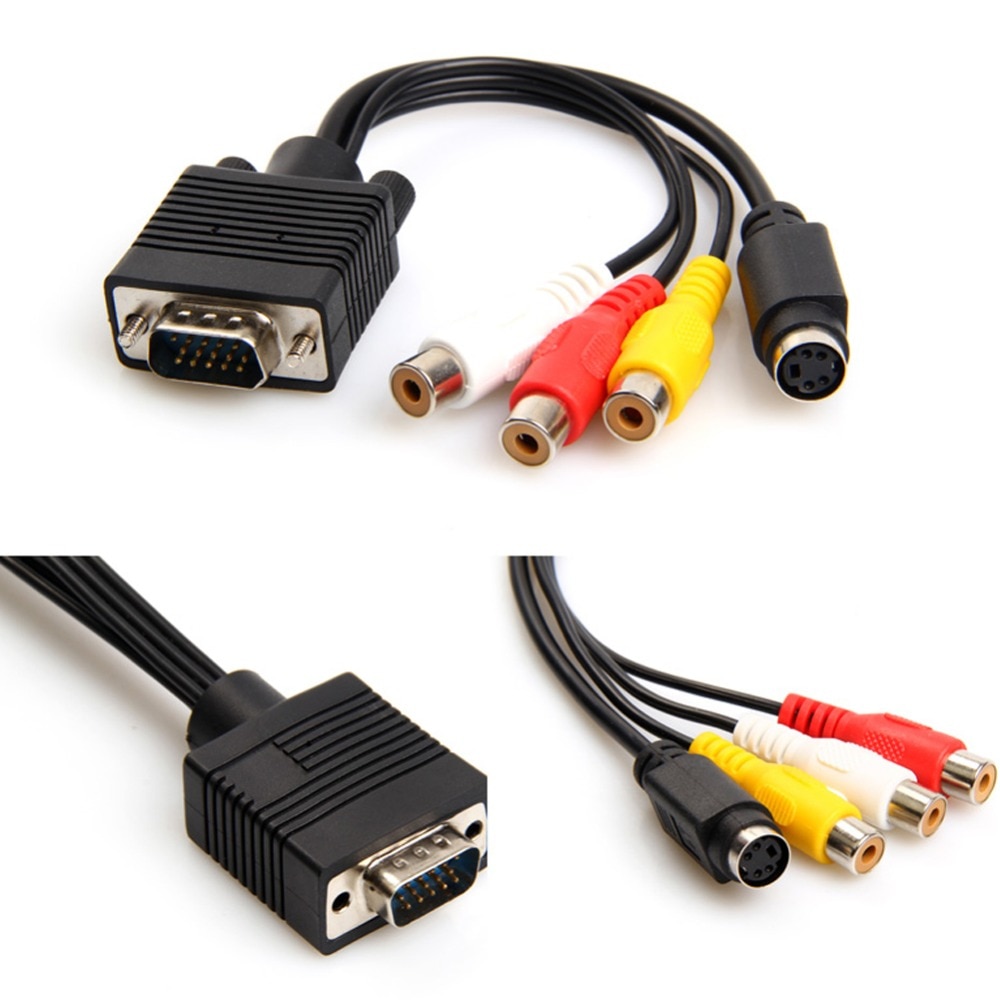 VGA macho a s-video 3 RCA Jack hembra compuesto AV salida de TV Adaptador convertidor Cable de vídeo para ordenador portátil PC HDTV