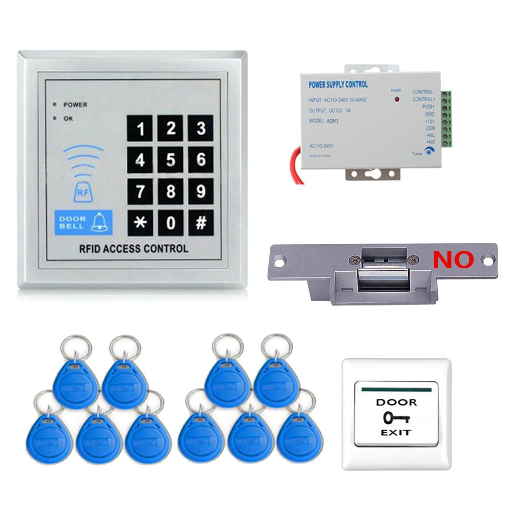 Mountainone komplet rfid dør adgangskontrolsystem kit sæt (elektrisk strejke lås + strømforsyning + nærhed dørindgangs tastatur)