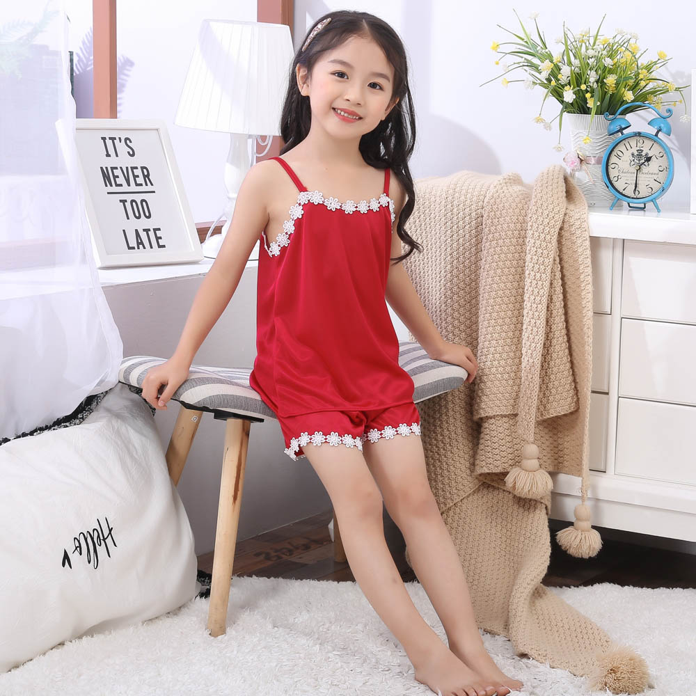 Kids Sleepwear Sets for Girls Pajamas 2022 Summer Red Satin Lace Suspenders Top+Shorts Outfit Children Nightwear Clothes