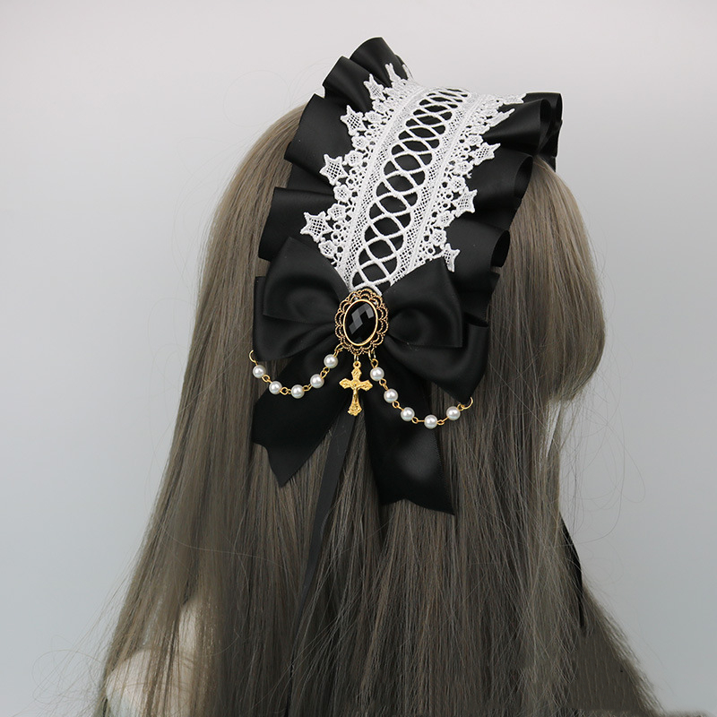 Coiffure de demoiselle d'honneur gothique, bandeau avec nœud en dentelle, croix d'ange foncé, doux Cosplay, accessoires pour cheveux Anime