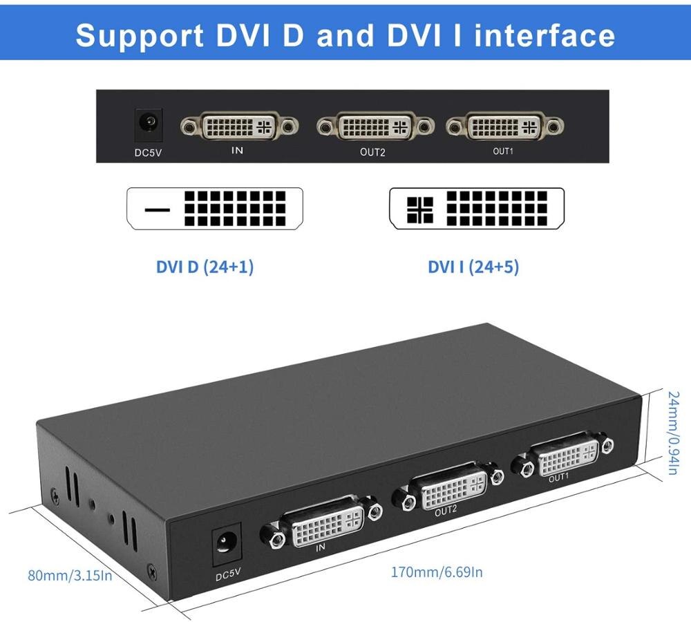 DVI Splitter 1 in 2 Out DVI Splitter 1x2 with Power Adapter Support 4K@30Hz for PC Laptop DVR Projector HDTV DVI Port Devices