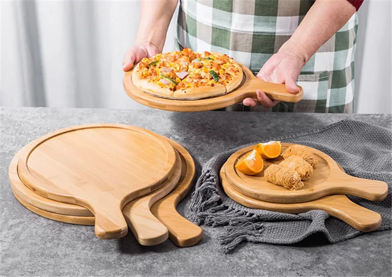 Wooden Pizza board Round with Hand Pan Baking Tray Stone Cutting Board Platter Pizza Bamboo Cake Bakeware Tools rejilla para