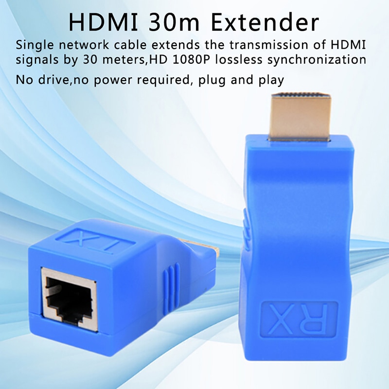 2 Stuks Abs Metal 1080P Hdmi Extender RJ45 Over Cat 5e/6 Netwerk Lan Ethernet Adapter Met blauwe Kleur 30M Transmissie Afstand