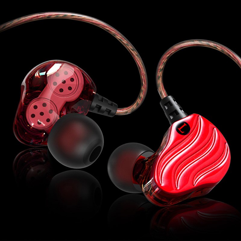 Dubbele dynamische driver oordopjes 3.5mm in-ear oordopjes 4 speakers hifi bas stereo sport oordopjes met microfoon: Rood