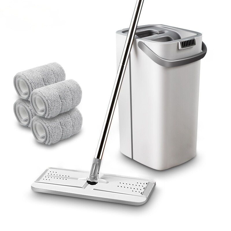 Fregona plana y cubo para limpiar el suelo, juego de herramientas de microfibra con cubo para limpieza de la casa, lavado a mano: White-4 cloth