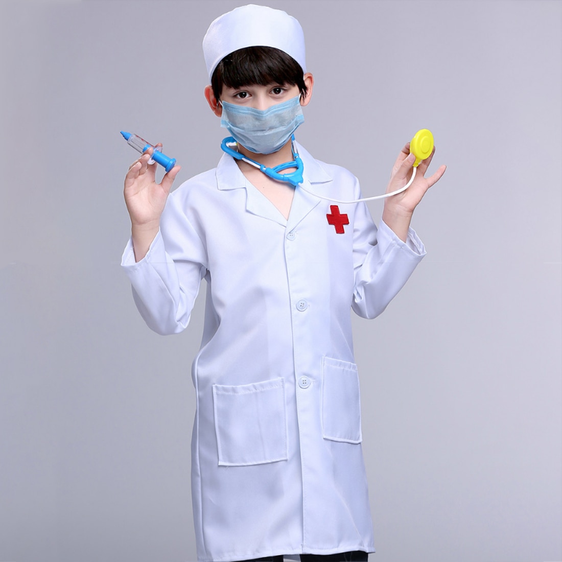 Dokter rollenspel, dokterskostuum voor 90/110/130 cm kinderen, lange mouwen en pet