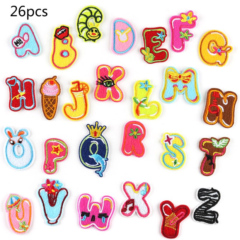 26Pcs English Letters Patches Cartoon Animal Alphabet Embroidered Applique Iron On/Sewing Badge for Kids Clothes DIY: 6EE502002-D
