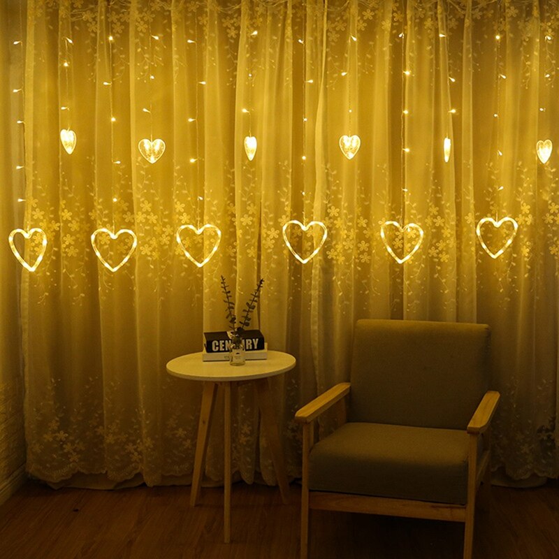 Cortina de luces LED con forma de corazón, tira de luces de 2,5 M impermeables para exteriores, dormitorio, en casa, decoración de boda, enchufe europeo, 12 Uds.
