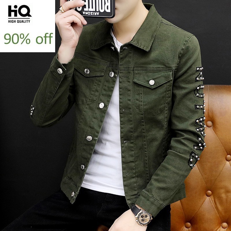 Vintage Letter Rivet Personality Mens Denim Jackets Korean Long Sleeve Single Breasted Punk Slim Casual Chaqueta Hombre