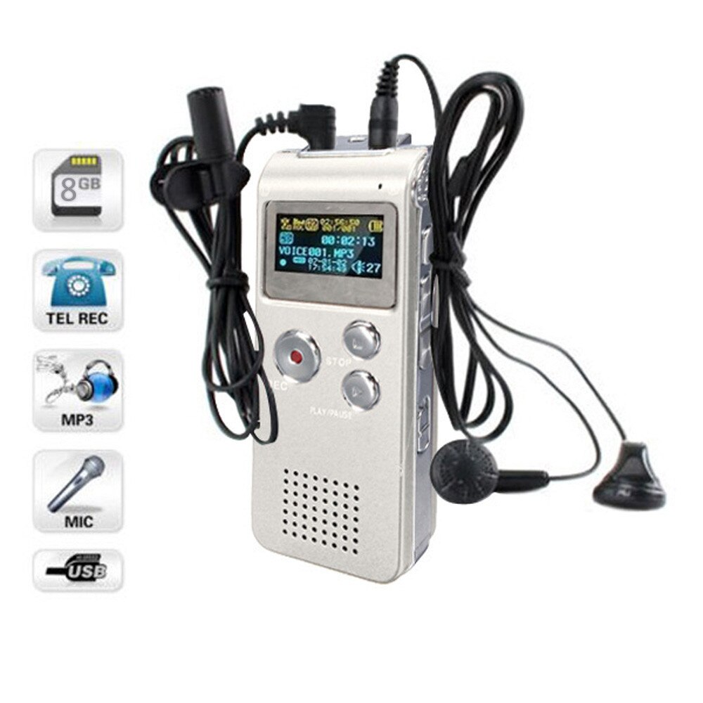 Moderno reproductor MP3 dictáfono con grabadora de voz y sonido DIGITAL, de acero, recargable, 8GB