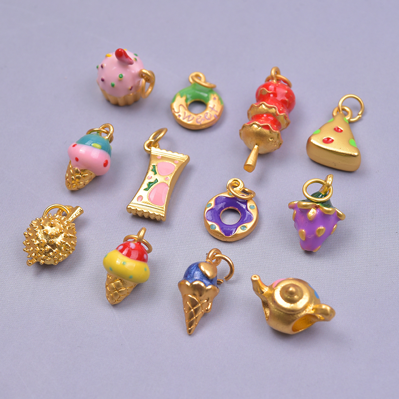 13pcs/Lot Mix Dessert Cake Ice Cream 3D Gold Color Enamel Charms For Jewelry Making Supplies Candy DIY Cute Pendant Accessories