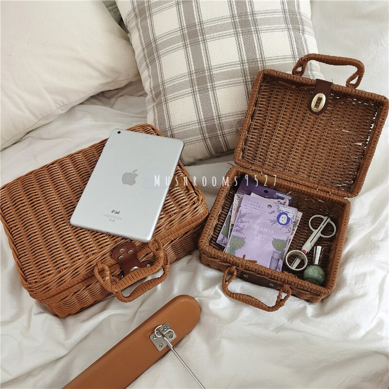 Valise en rotin rétro de Style coréen, boîte de rangement Simple et exquise pour les débris de la chambre, boîte de pique-nique, accessoires de tir, décoration de la maison