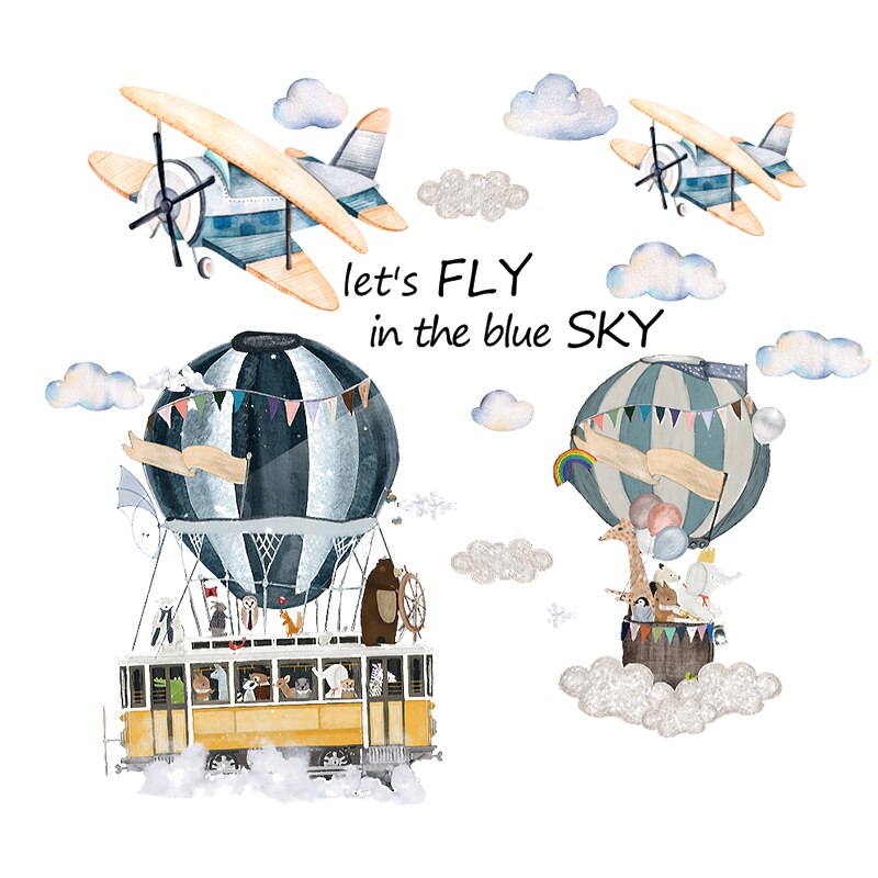 Sarjakuva seinätarrat lastenhuoneeseen päiväkoti itseliimautuva vinyyli seinätarrat ympäristöystävälliset vedenpitävät seinämaalaukset kodin sisustus: Ilmapallo ja lentokone