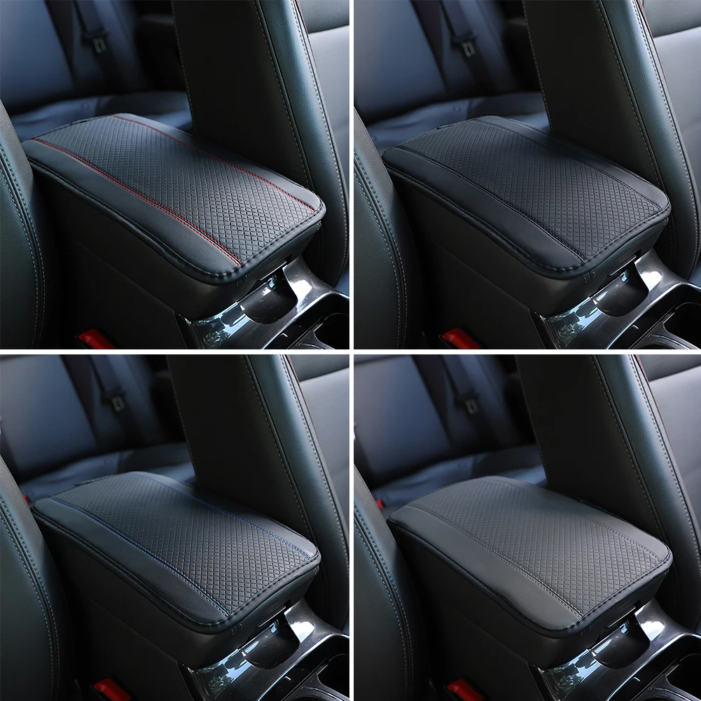 Almohadilla para reposabrazos de coche, cubierta protectora de reposabrazos Central antideslizante de doble línea en relieve de cuero y fibra, accesorios universales de estilo para automóvil