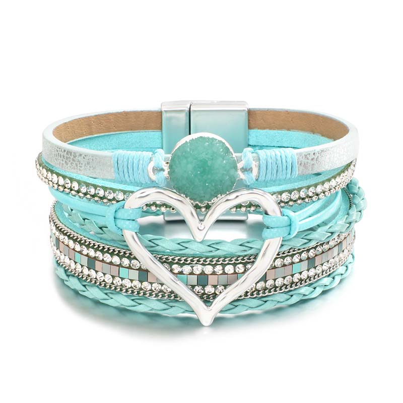 Amorcome-pulsera de cuero trenzado para mujer, brazalete con varias capas de piedras de resina, corazón hueco,: Light Blue