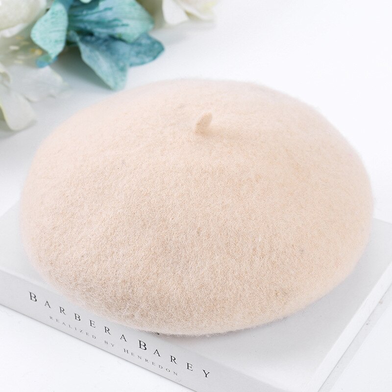Women Wool Solid Color Beret Female Bonnet Caps Winter All Matched Warm Walking Hat Cap: Beige